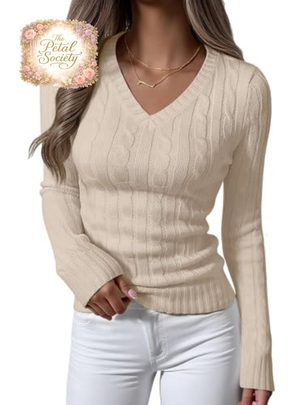 Cable Knit V Neck Long Sleeve Fitted Pullover Sweater Top